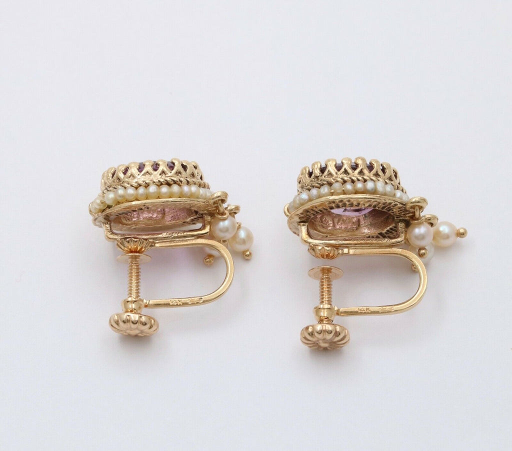 Victorian Revival Amethyst Pearls 14K Yellow Gold Earrings