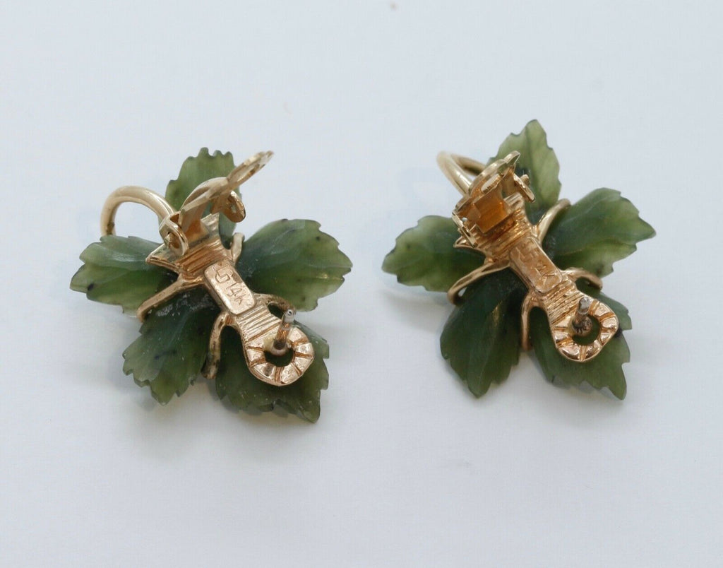 Vintage Carved Jade Diamonds 14K Yellow Gold Earrings