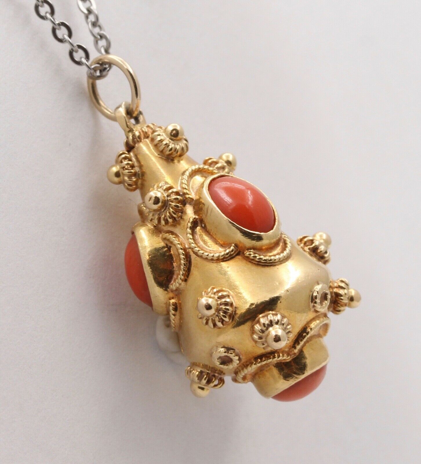 Victorian Etruscan Revival 18K Yellow Gold Coral Pendant Charm