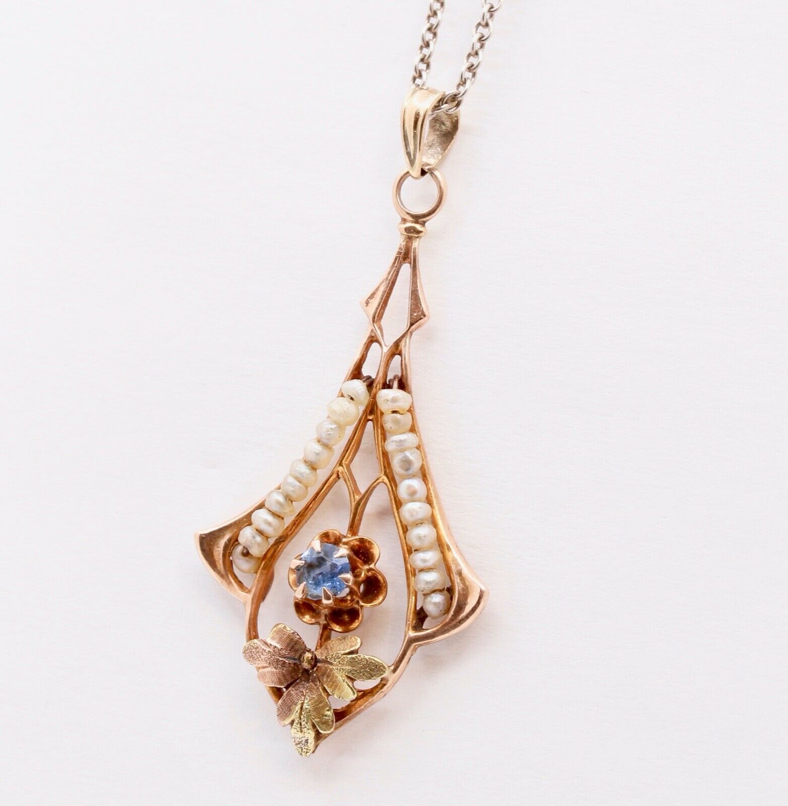 Victorian 10 Rose Gold Blue Sapphire Seed Pearls Pendant