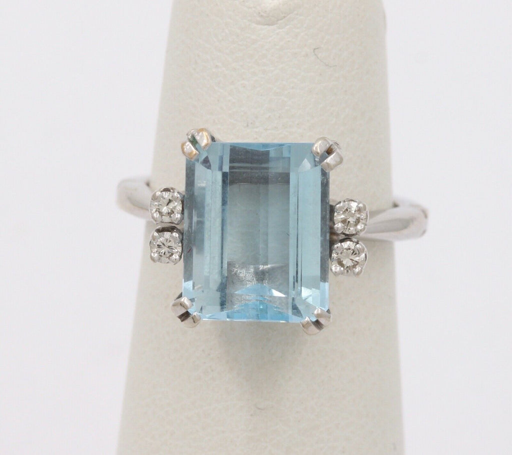 Vintage Natural Aquamarine Diamonds 14K White Gold Expandable Ring