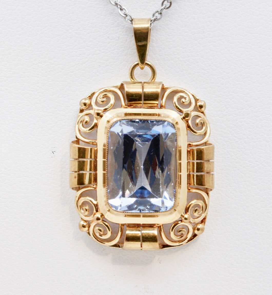 Mid Century Emerald Cut Topaz 9K Yellow Gold Pendant