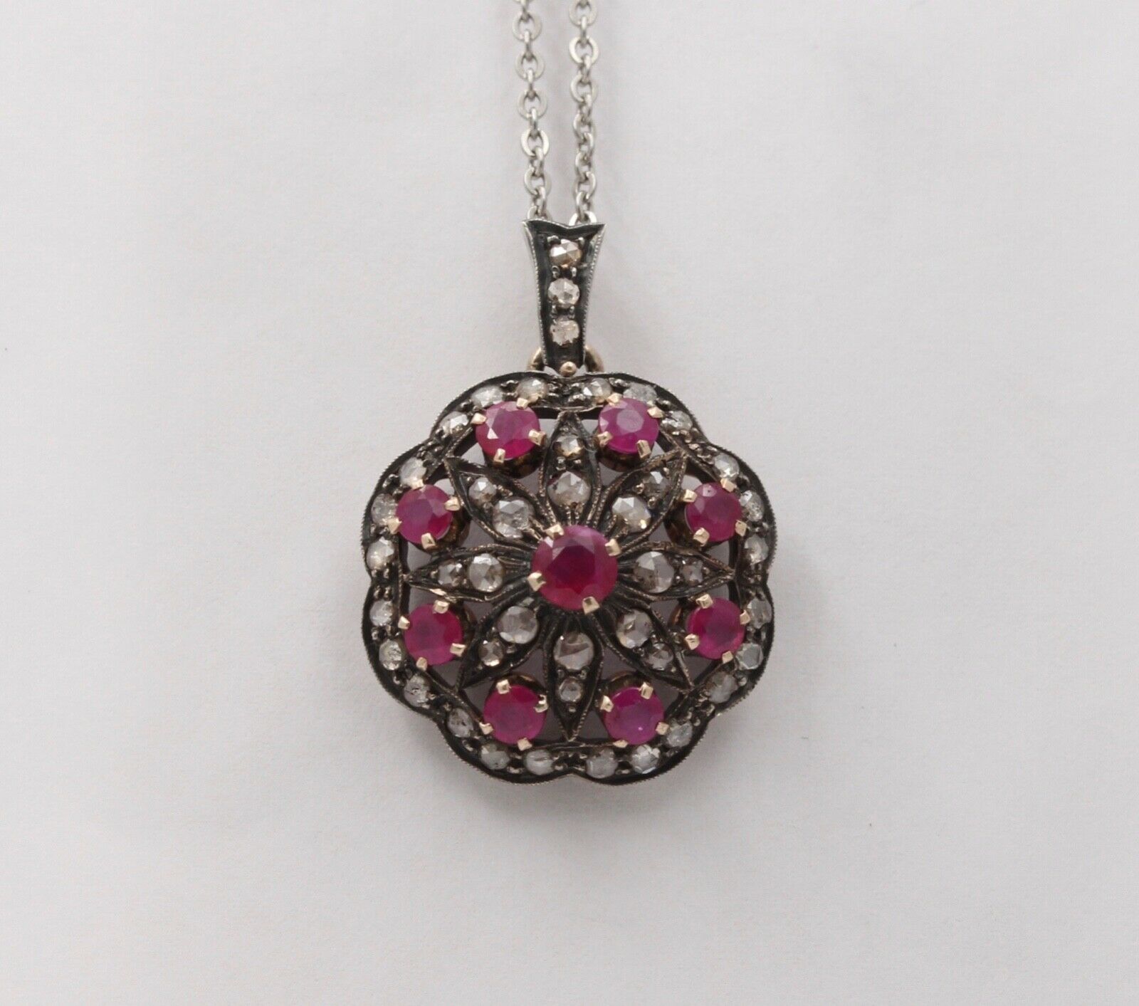Victorian Rubies Diamonds 14K Rose Gold Silver Pendant