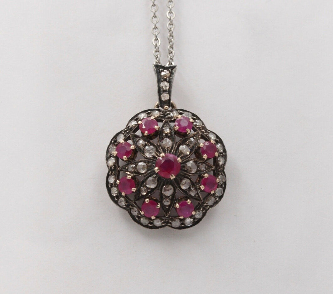 Victorian Rubies Diamonds 14K Rose Gold Silver Pendant