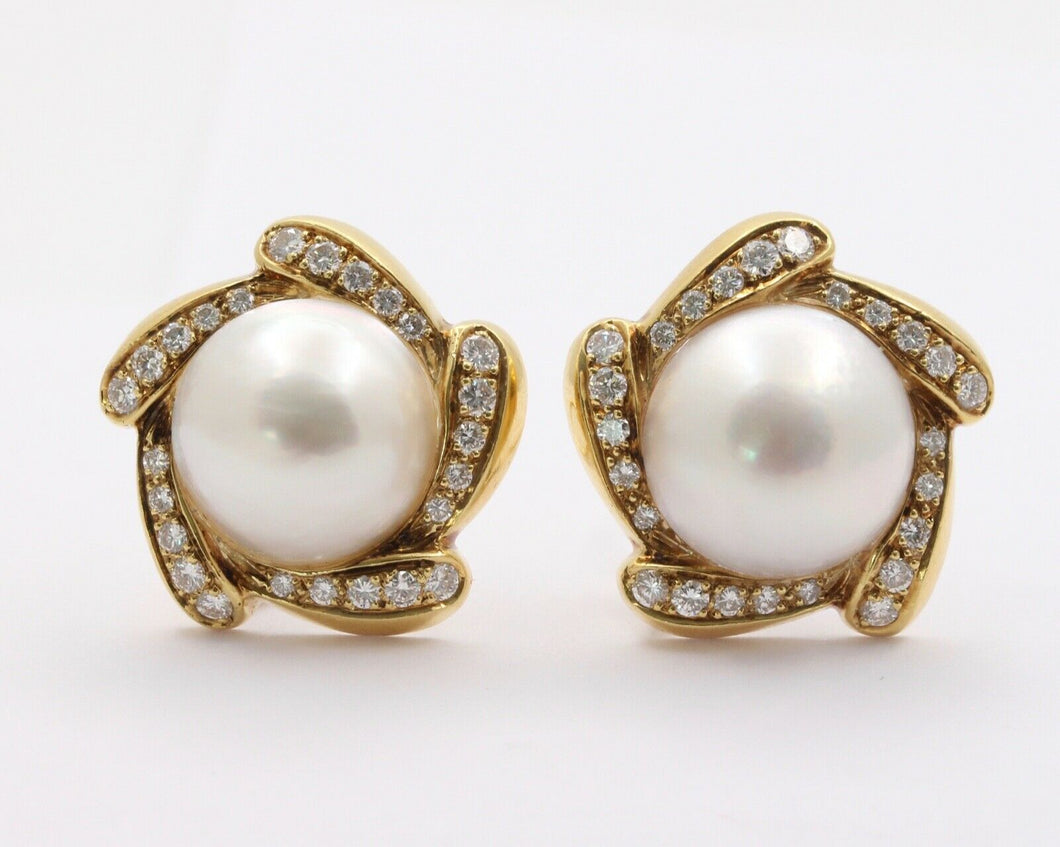 Large Mabe Pearl Diamonds Pinwheel French Clip Earrings