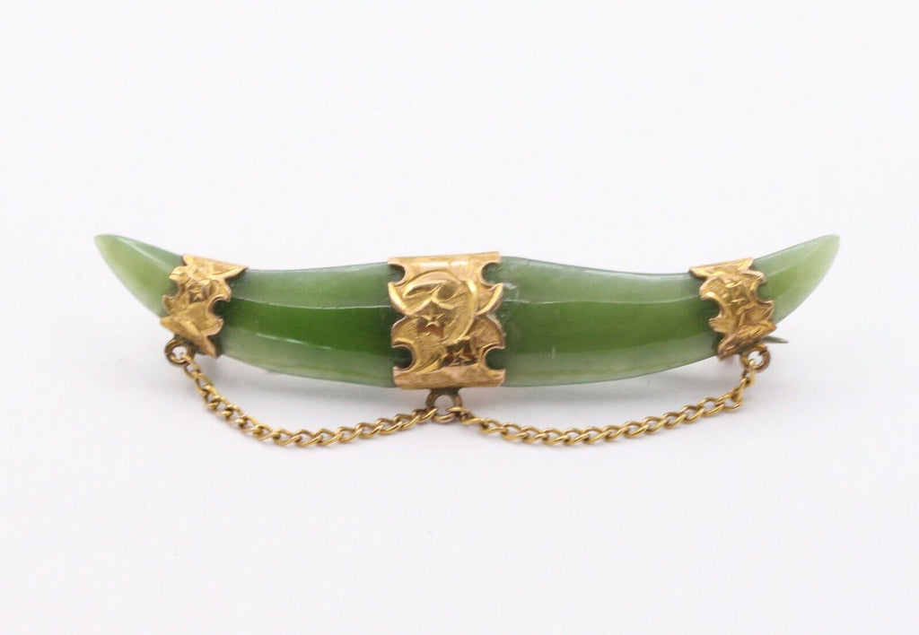 Antique 9K Yellow Gold Crescent Jade Pin