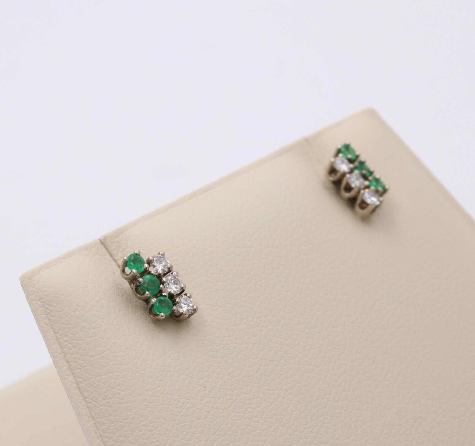Vintage 14K White Gold Diamond & Emerald Cluster Studs Earrings, Push Back Earri