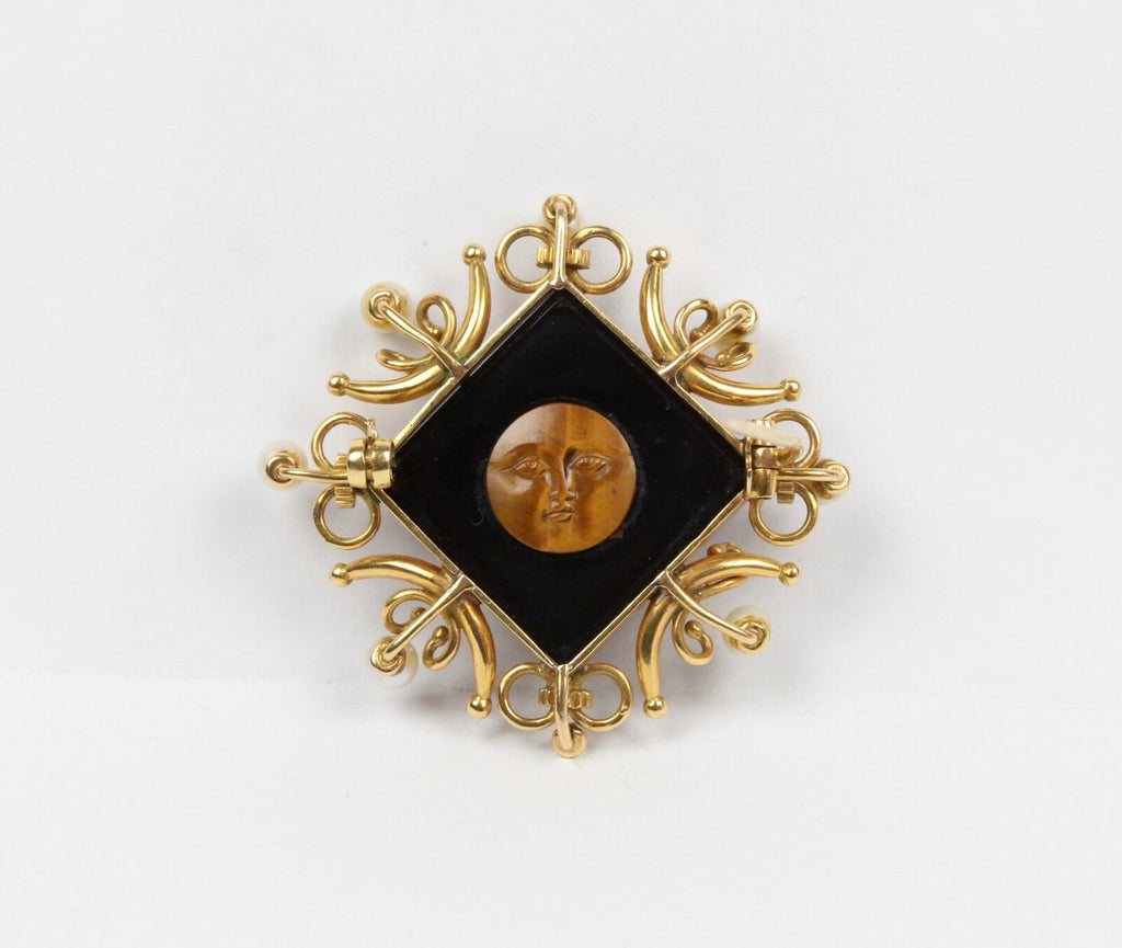 Vintage 18K Yellow Gold Tigers Eye Pearl Carving Brooch