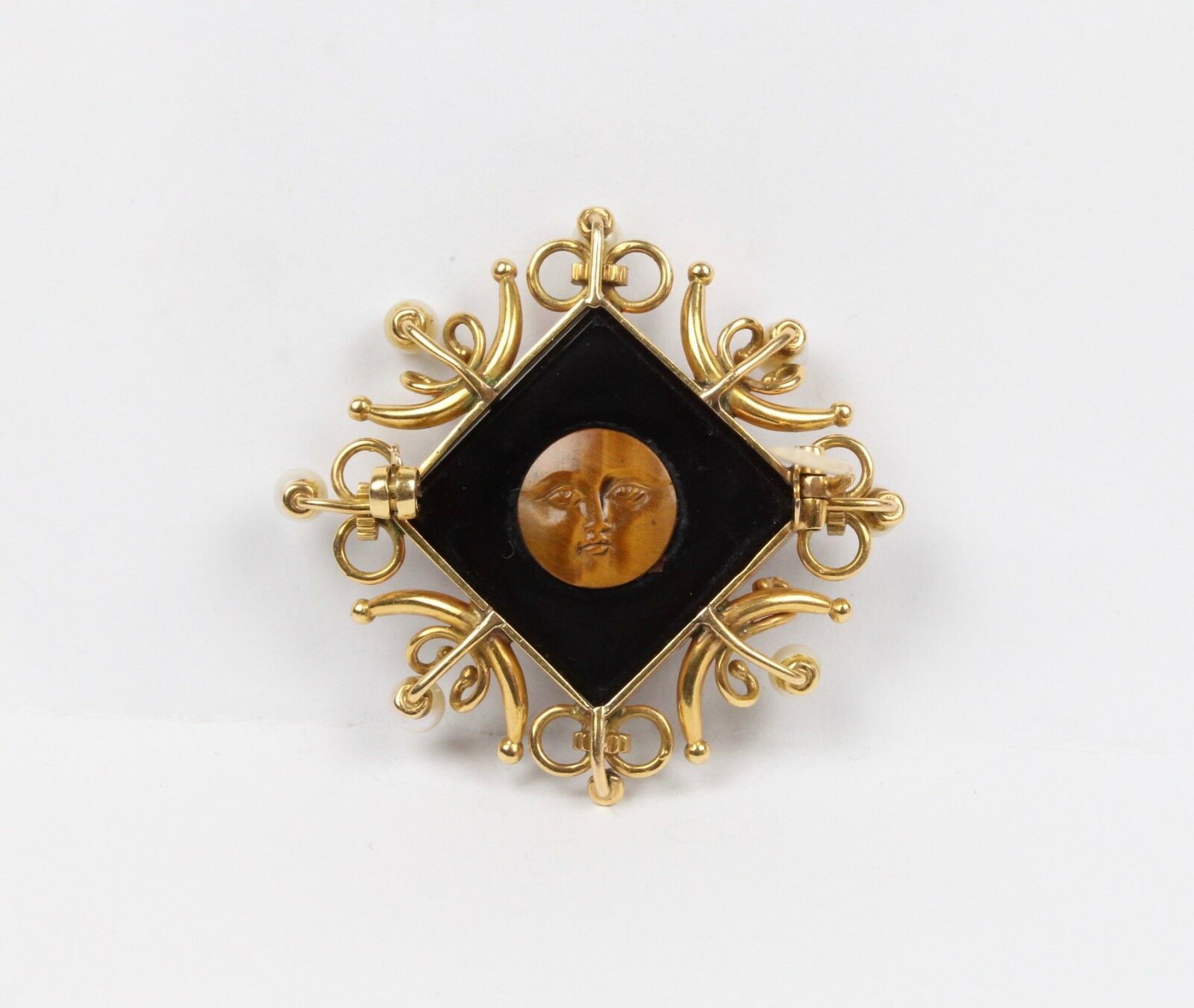 Vintage 18K Yellow Gold Tigers Eye Pearl Carving Brooch