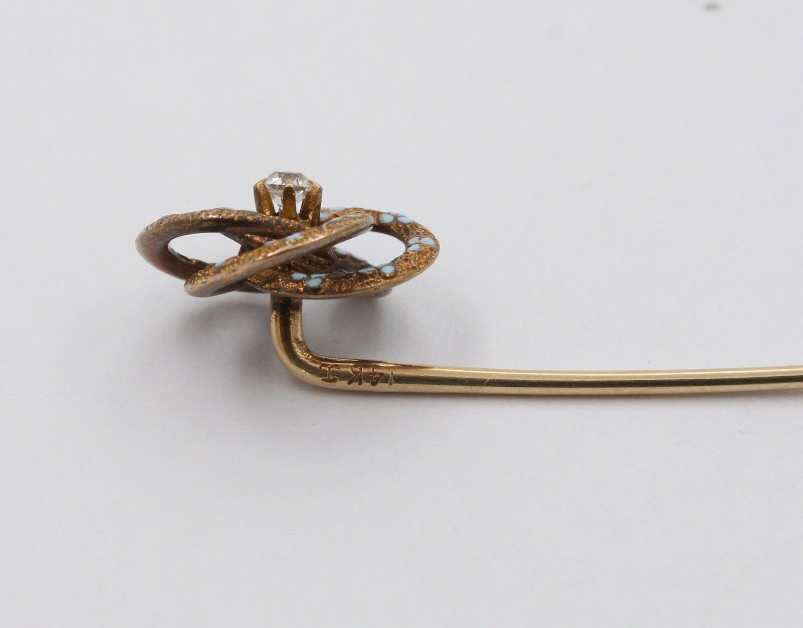 Vintage 14K Yellow Gold Diamond Enamel Stick Pin