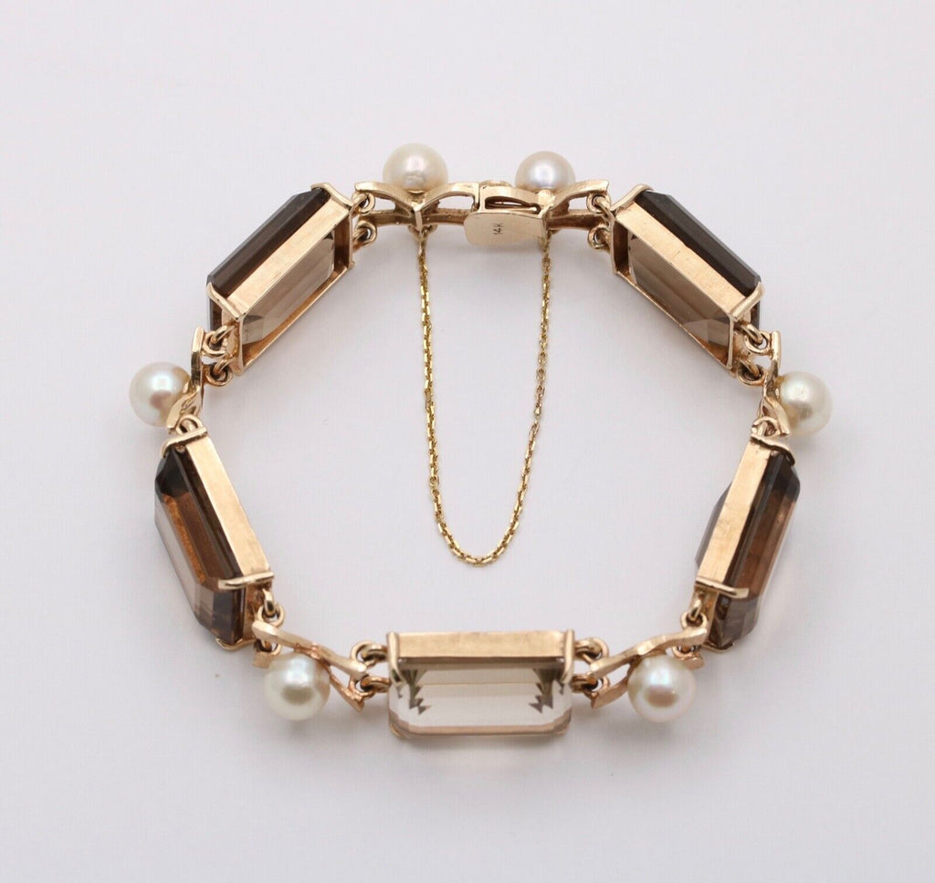 Vintage 14K Yellow Gold Smoky Topaz & Pearl Bracelet