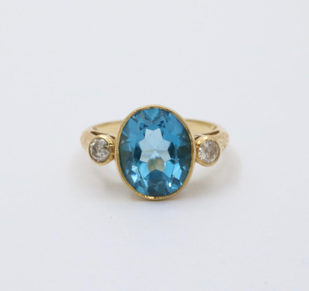Vintage 14K Yellow Gold London Blue Topaz and Diamond Statement Ring