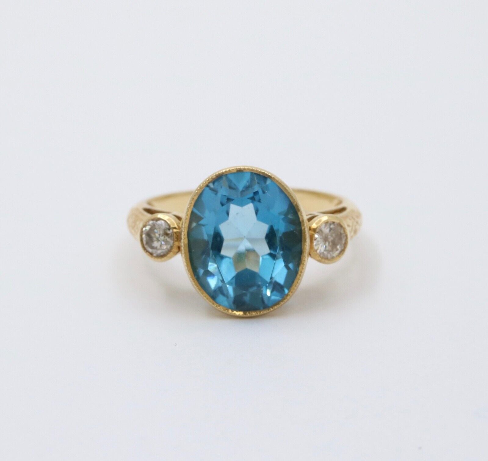 Vintage 14K Yellow Gold London Blue Topaz and Diamond Statement Ring