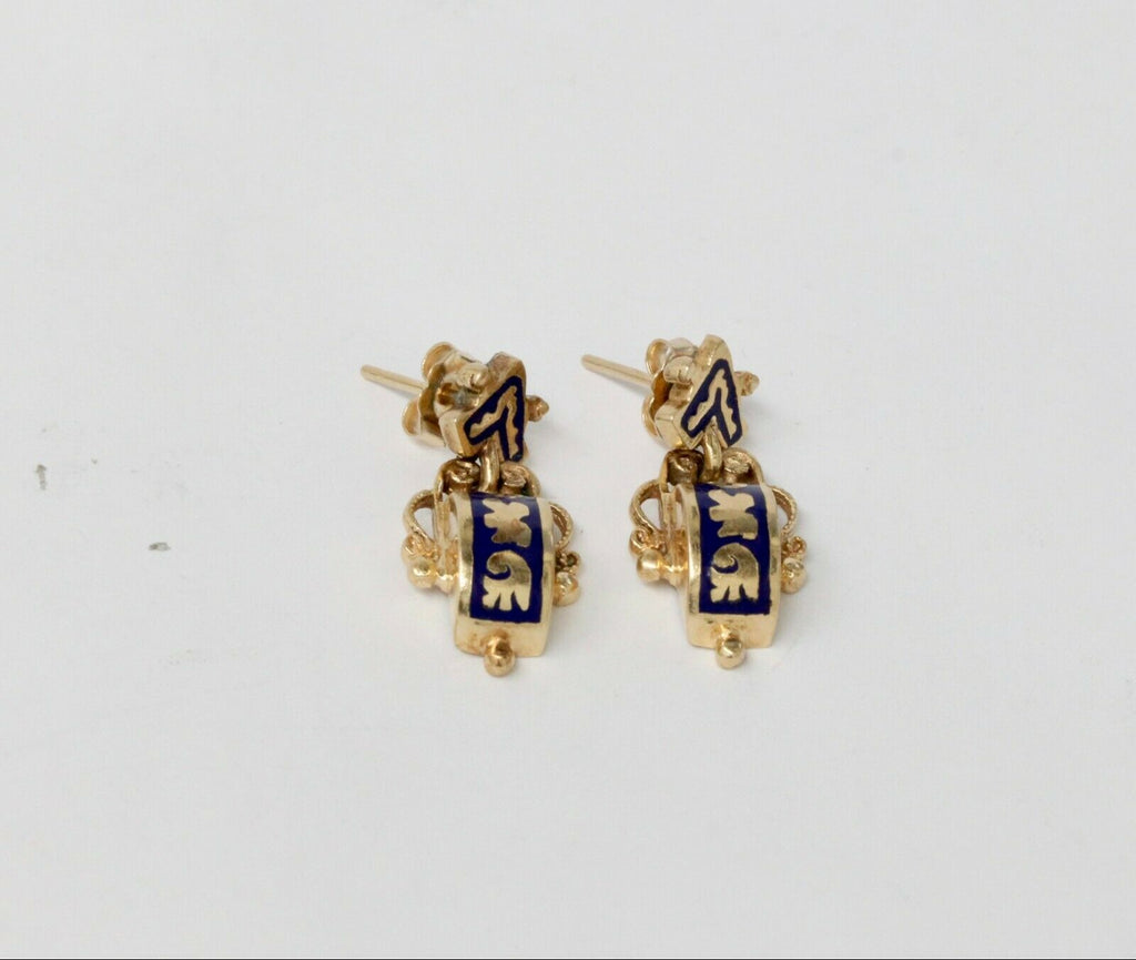 Vintage 14K Yellow Gold Blue Enamel Hanging Earrings