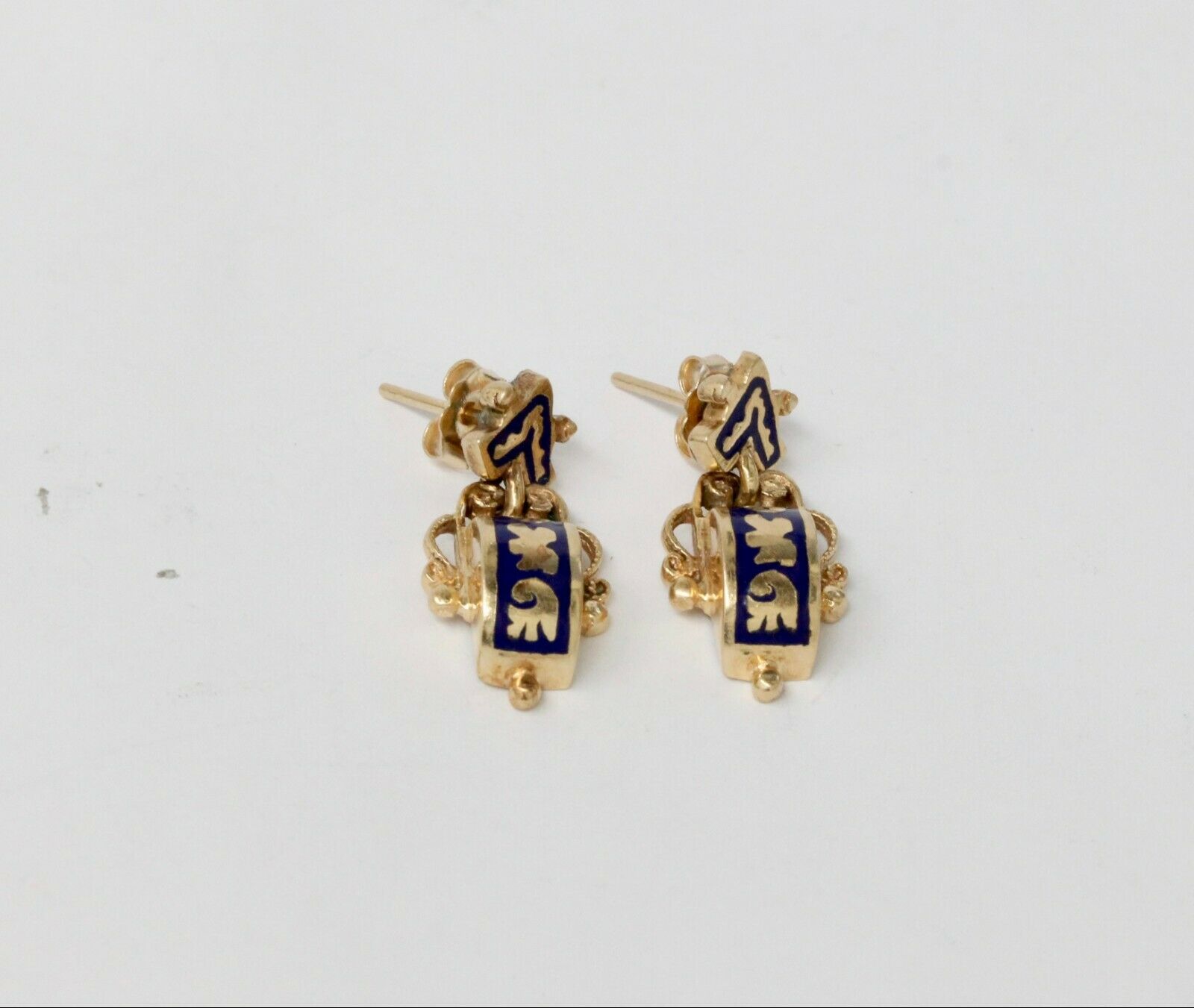 Vintage 14K Yellow Gold Blue Enamel Hanging Earrings