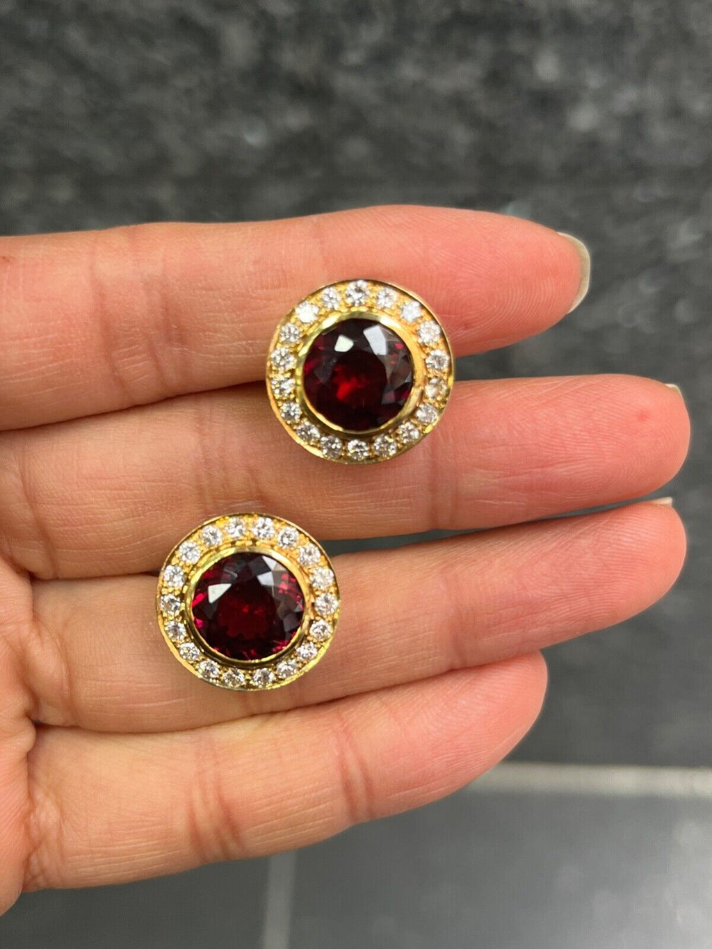 Vintage Rhodolite Garnet & Diamond Halo 18K Yellow Gold Earrings