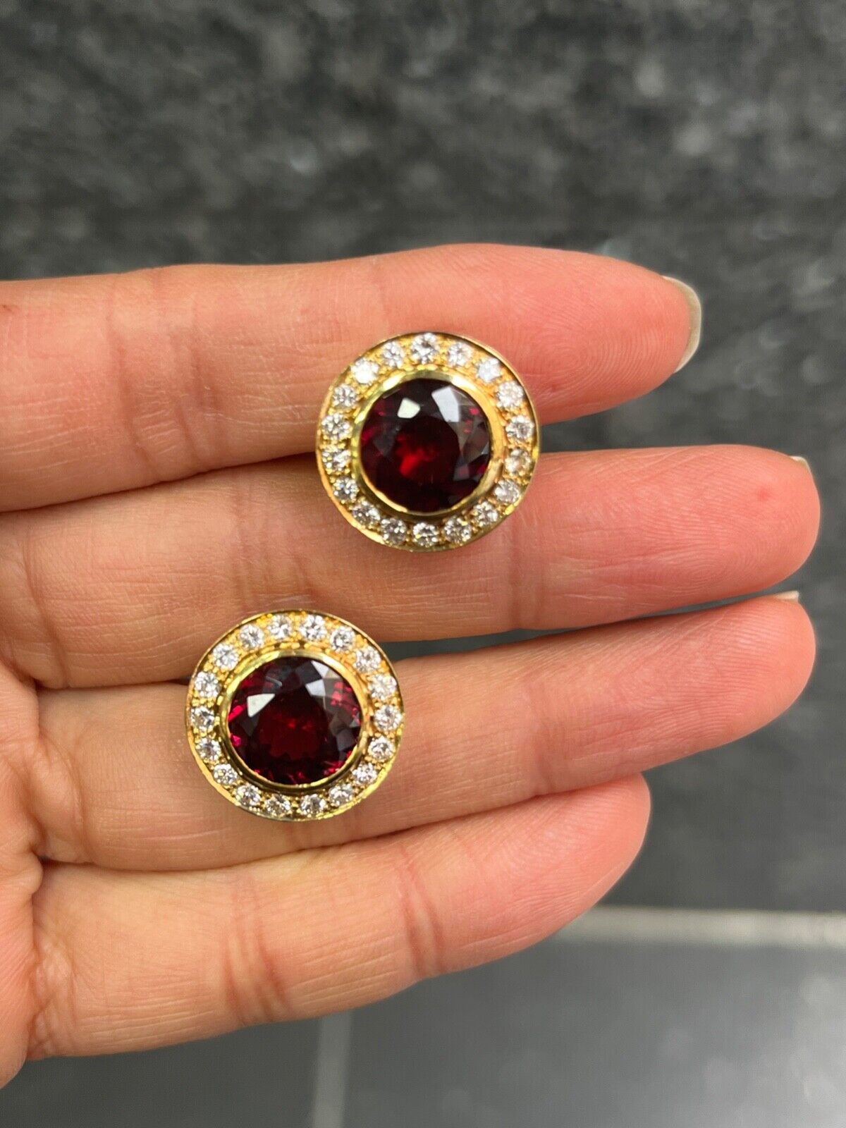 Vintage Rhodolite Garnet & Diamond Halo 18K Yellow Gold Earrings