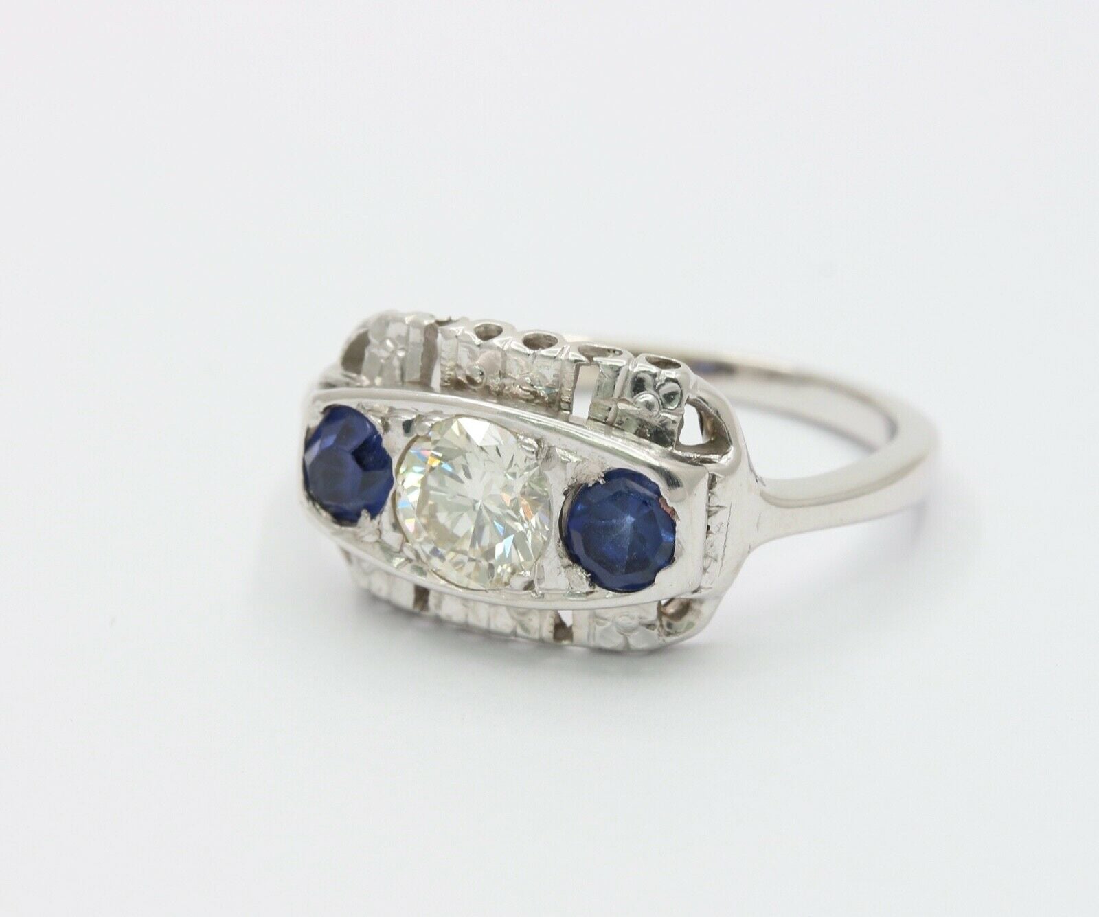 Art Deco Diamond Sapphires 14K White Gold Ring