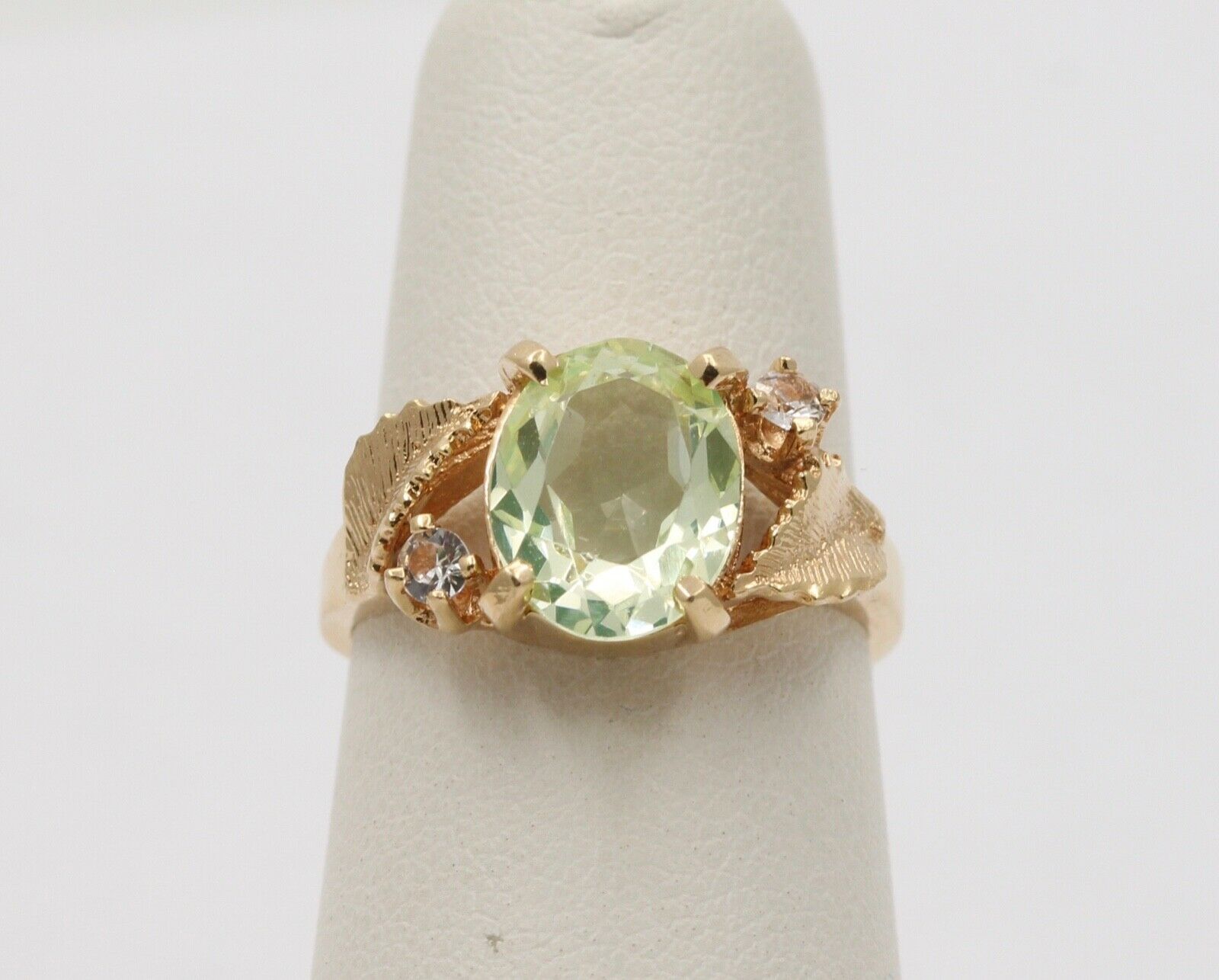 Vintage Leaf motif Man Made Lime yellow cushion cut stone and Diamond Gold Ring