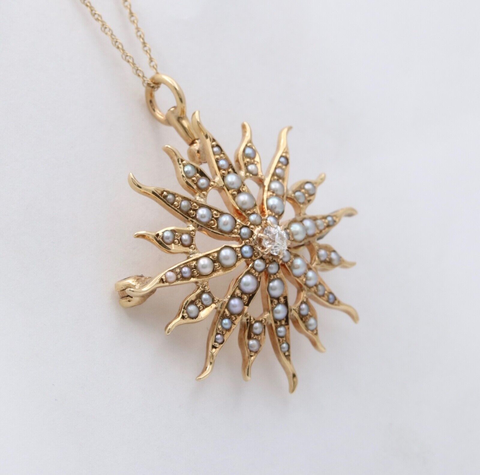 Victorian Edwardian Starburst Diamond Seed Pearls 14K Yellow Gold Pendant Brooch