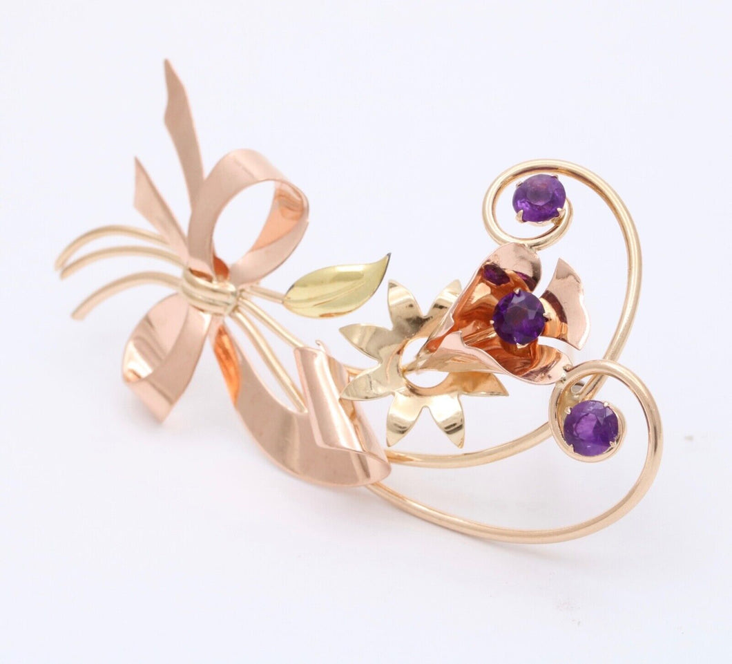 Vintage 10K Rose & Yellow Gold Amethyst Flower Bouquet Brooch Pin