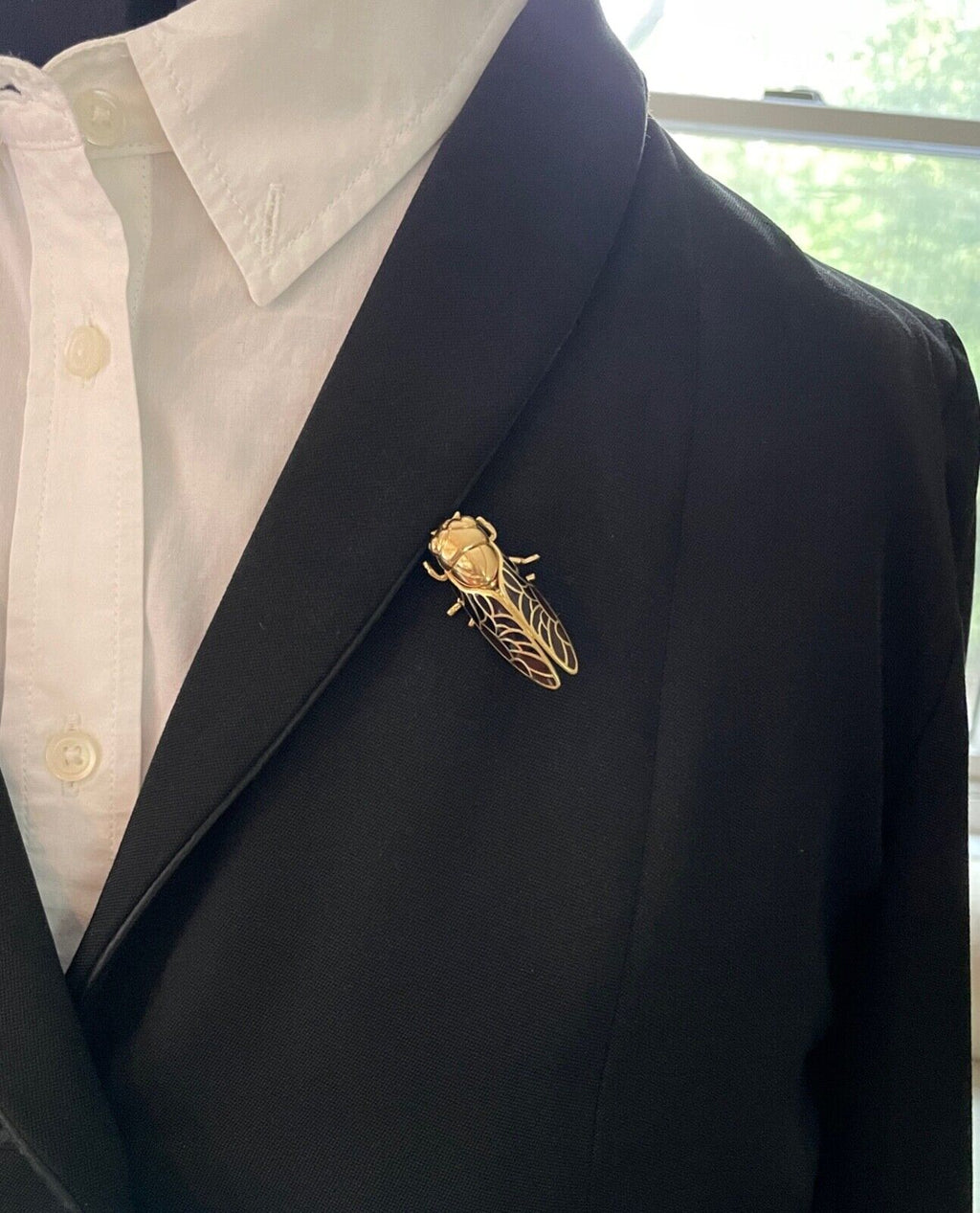 The Handcrafted 18K Yellow Gold Plique A Jour Cicada Diamond Brooch.