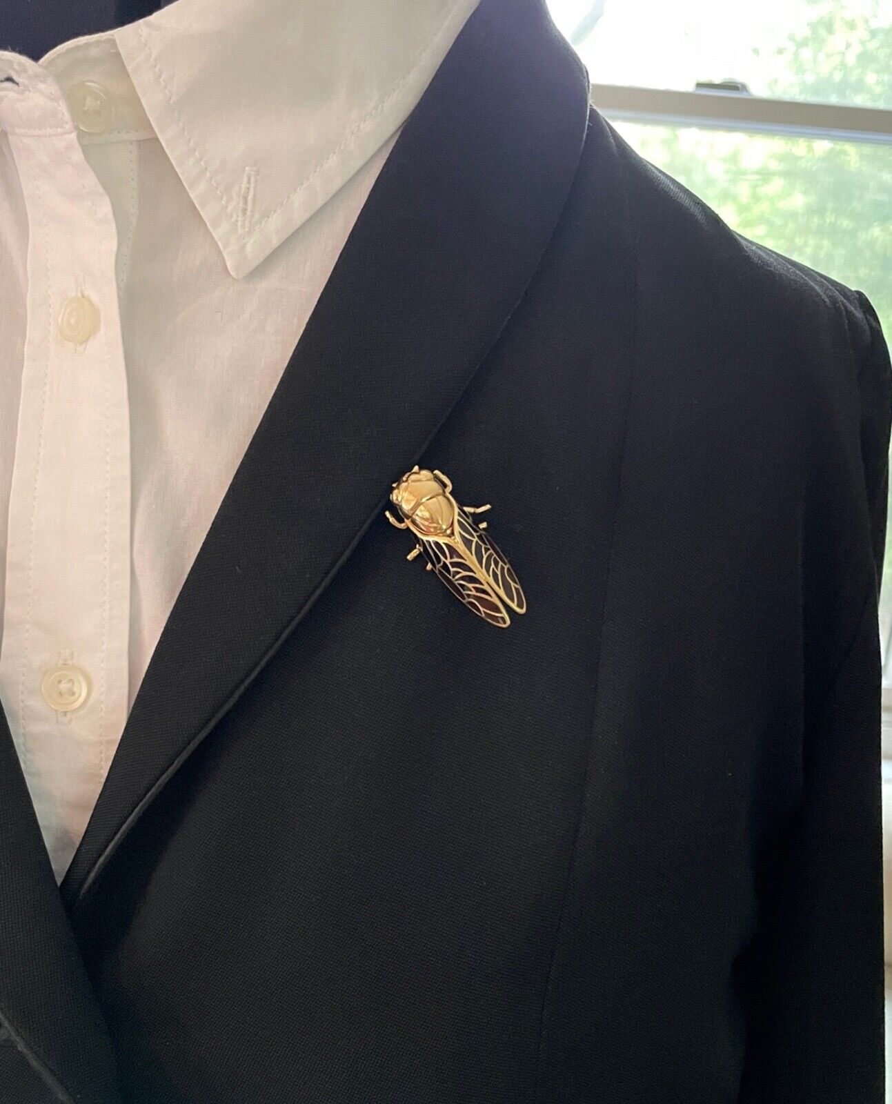 The Handcrafted 18K Yellow Gold Plique A Jour Cicada Diamond Brooch.