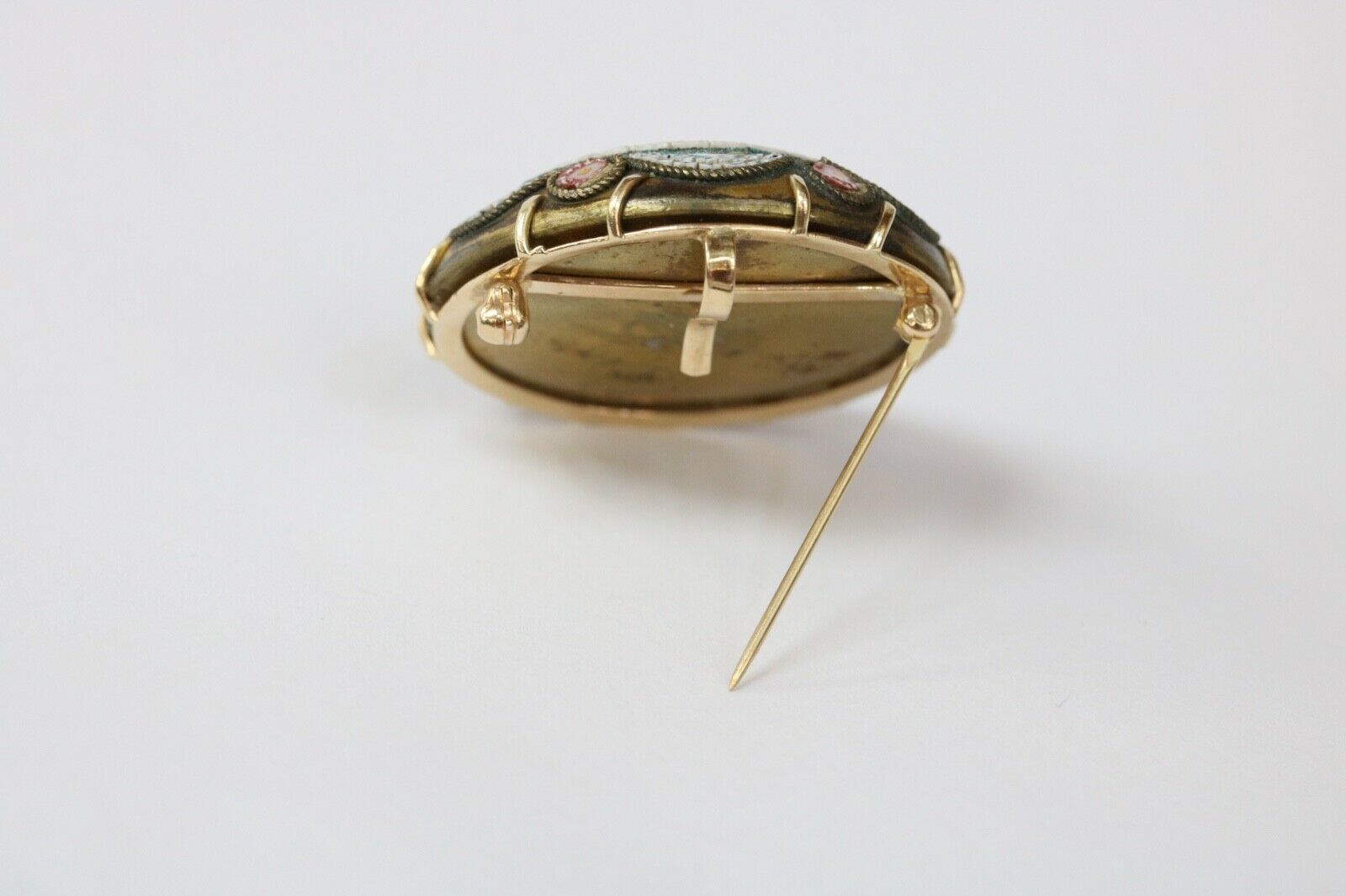 Victorian Revival Italian Micro Mosaic Flower Basket Brooch Pin