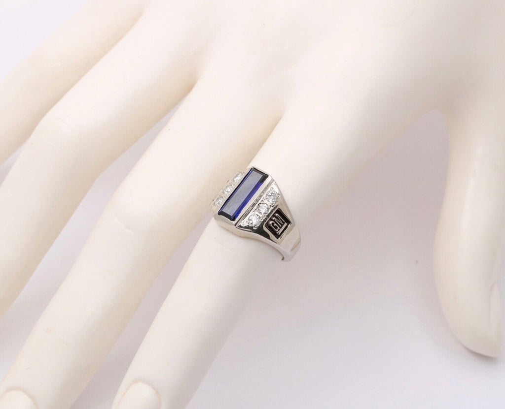 Vintage GM Chevy Bowtie Blue Sapphire Diamonds 10K White Gold Ring