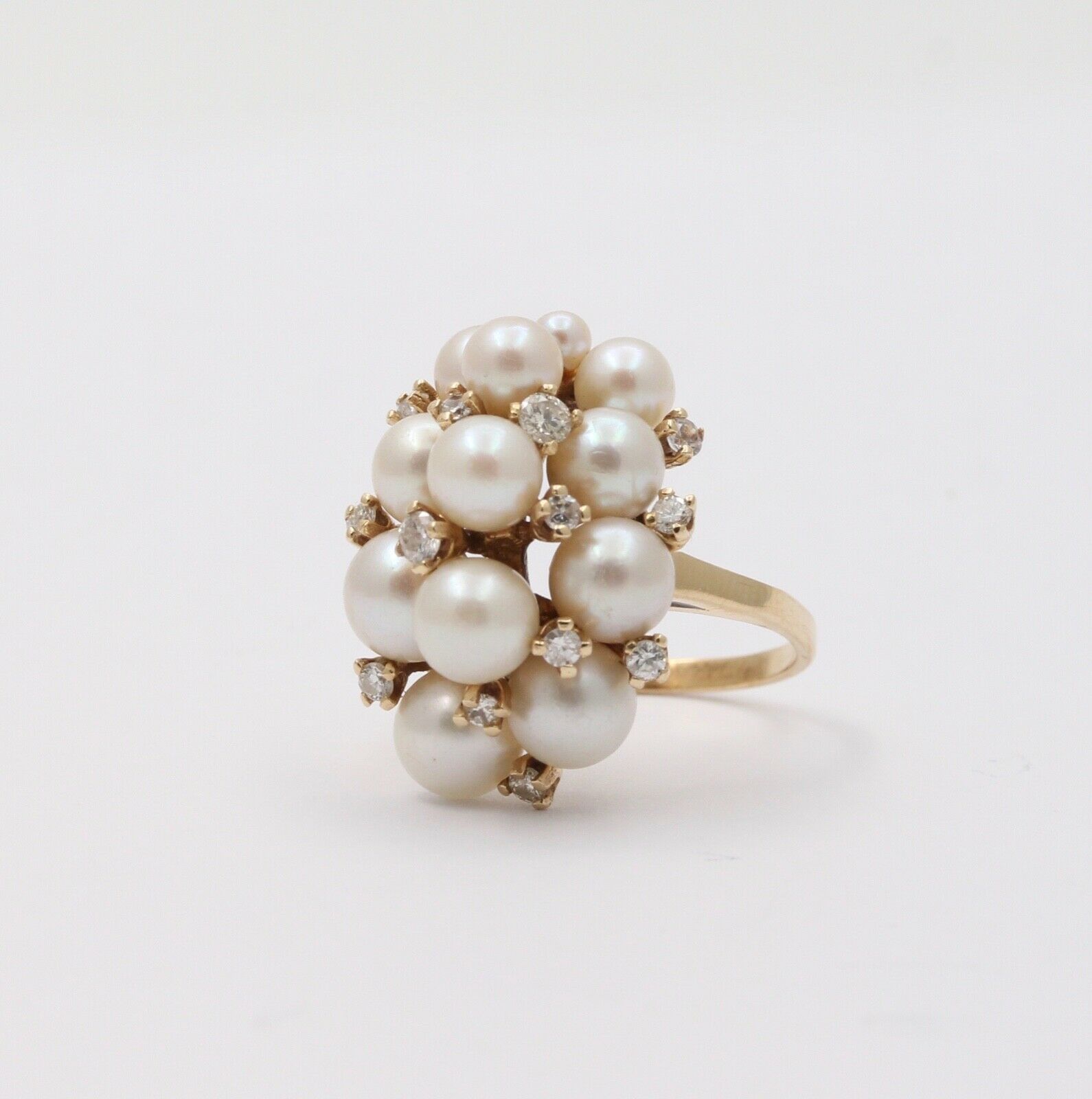 Vintage Pearls Diamonds 14K Yellow Gold Cluster Ring