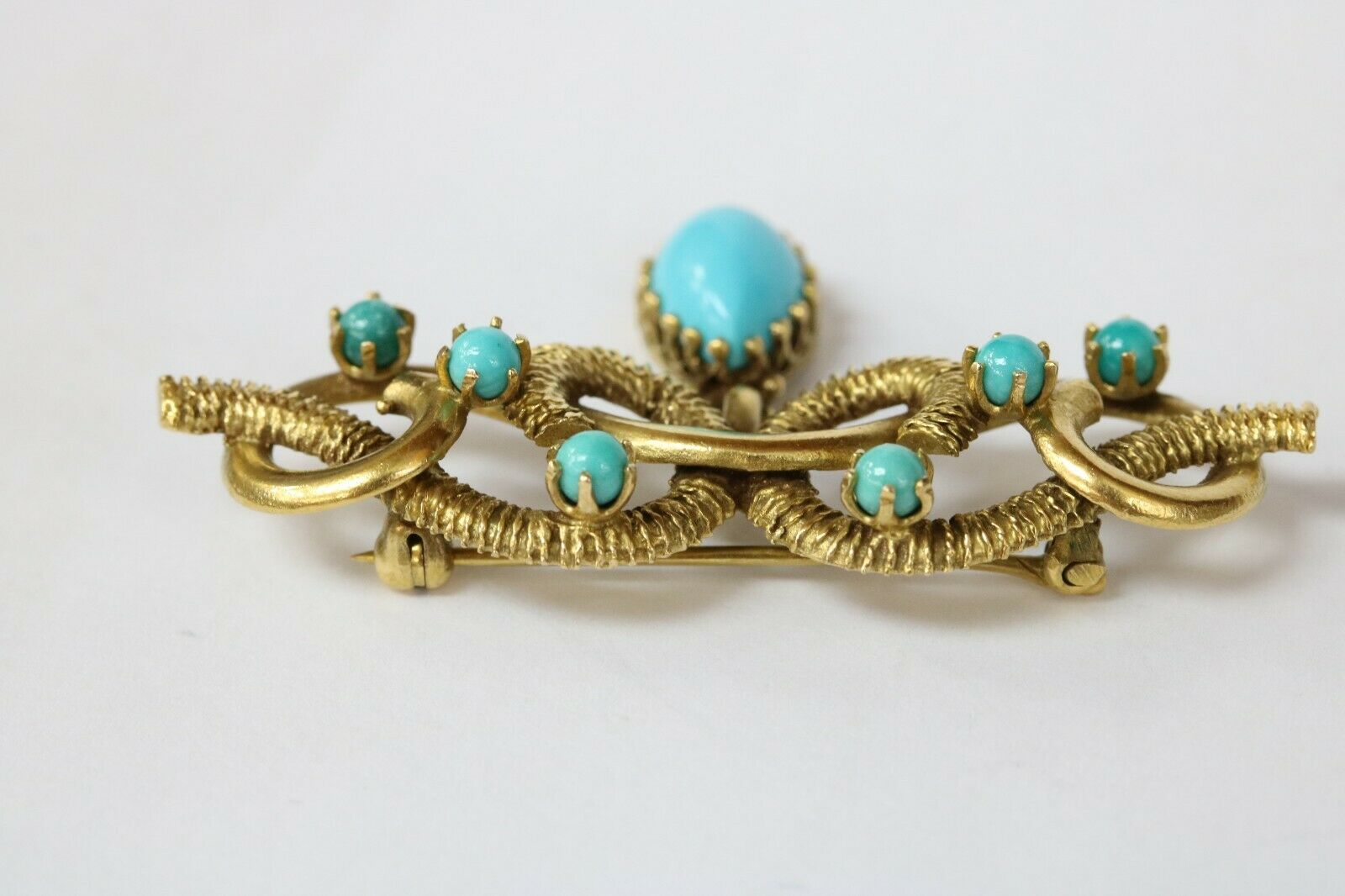 Antique Victorian Hand Crafted 14K Yellow Gold Turquoise Brooch