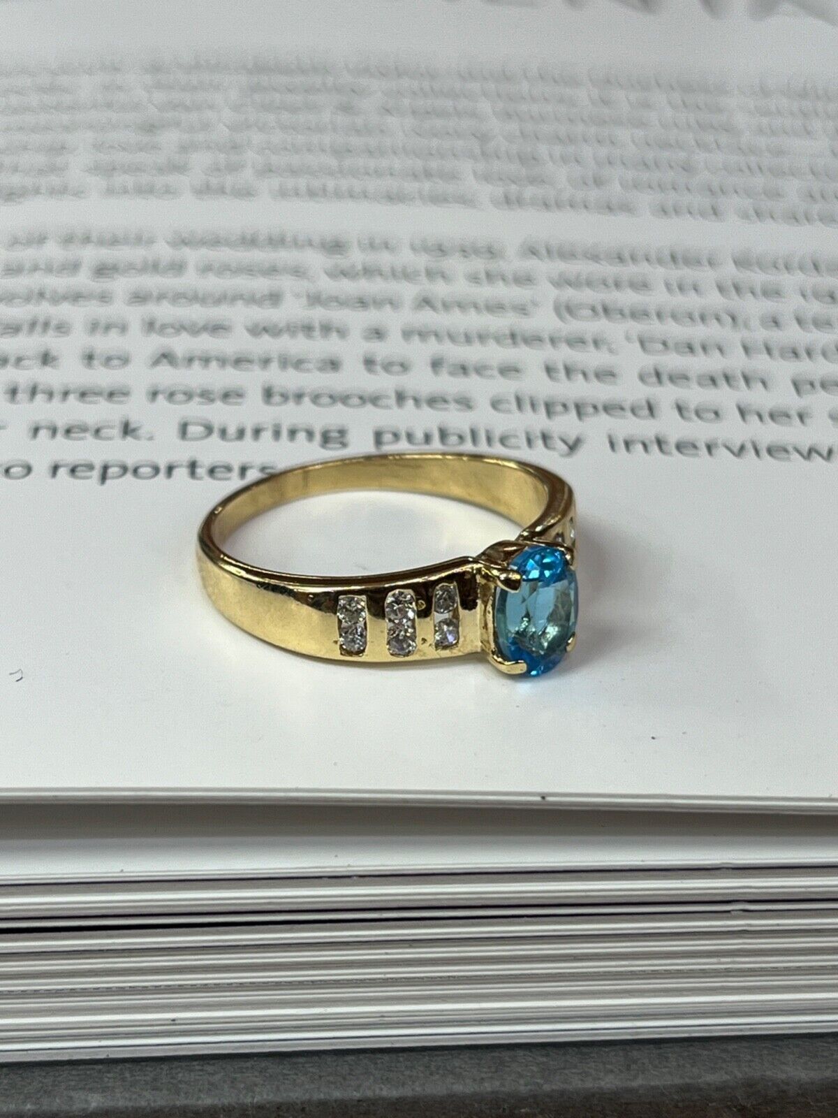 Vintage 14K Yellow Gold Blue Topaz & Diamond Ring, Engagement Ring
