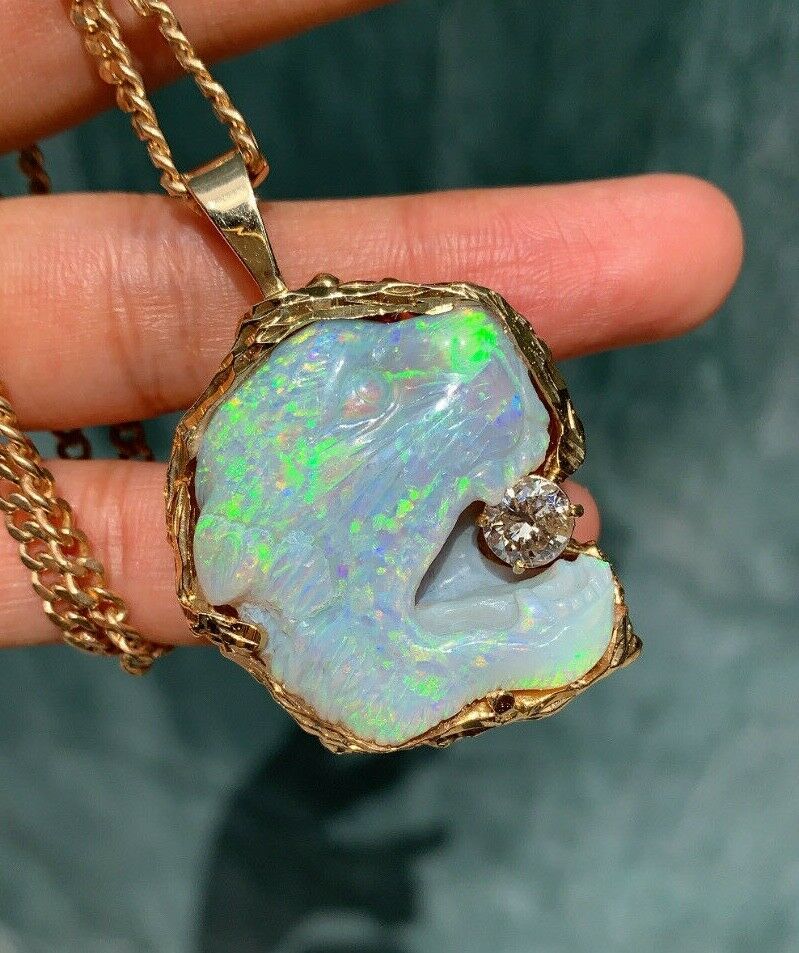 Vintage Carved Panther Large Australian Opal Held 1.0 carats round cut diamond P