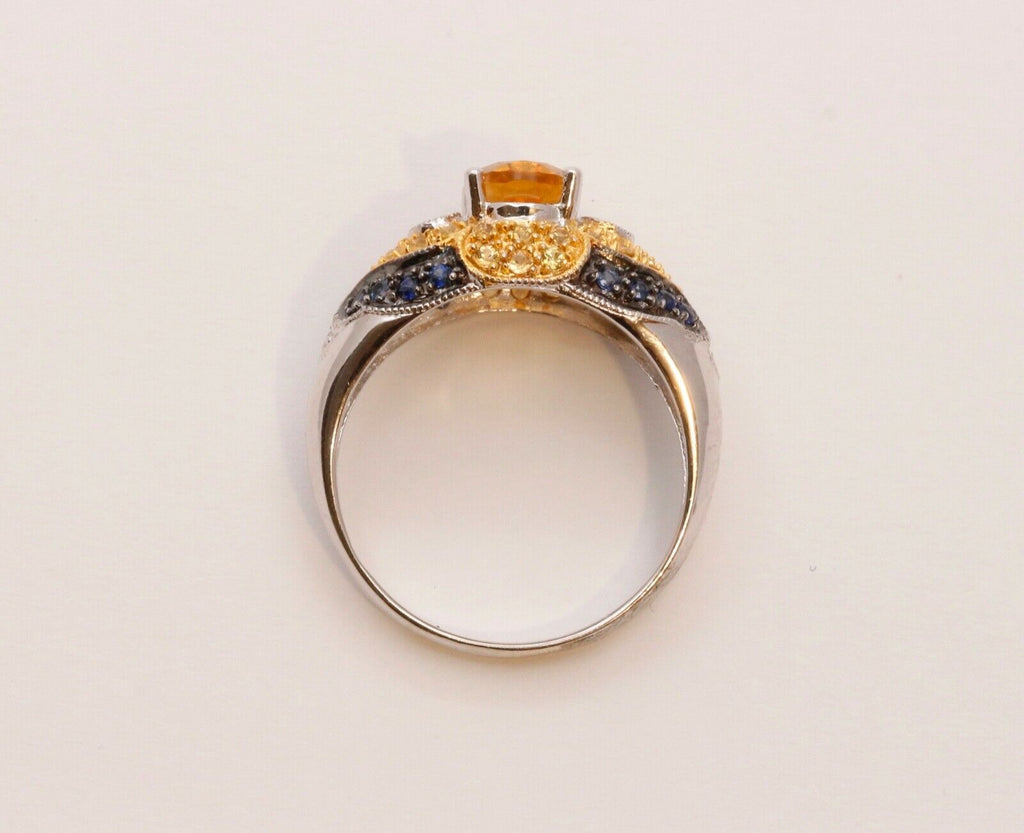 Citrine Blue Sapphires Cocktail Ring 14K White Yellow Gold Ring