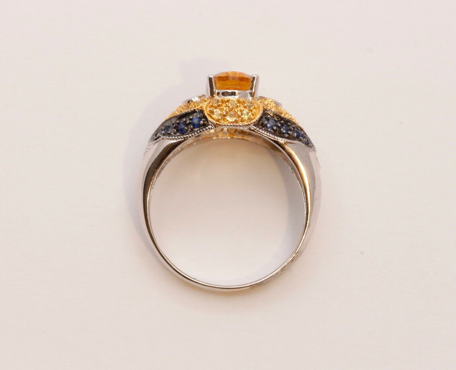 Citrine Blue Sapphires Cocktail Ring 14K White Yellow Gold Ring