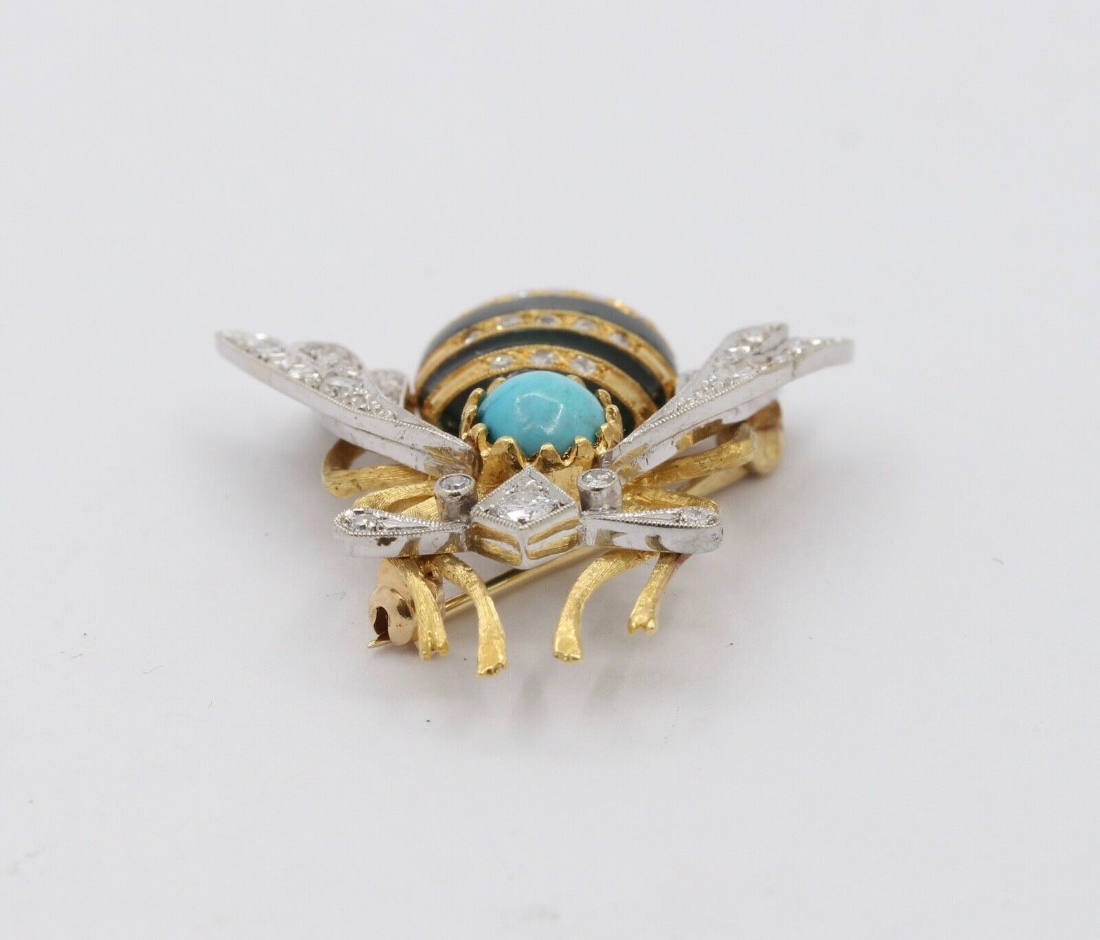 Vintage Honey Bee 18K Diamonds Turquoise Enamel Brooch Pin