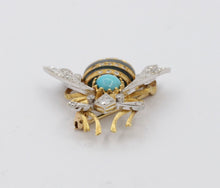 Load image into Gallery viewer, Vintage Honey Bee 18K Diamonds Turquoise Enamel Brooch Pin
