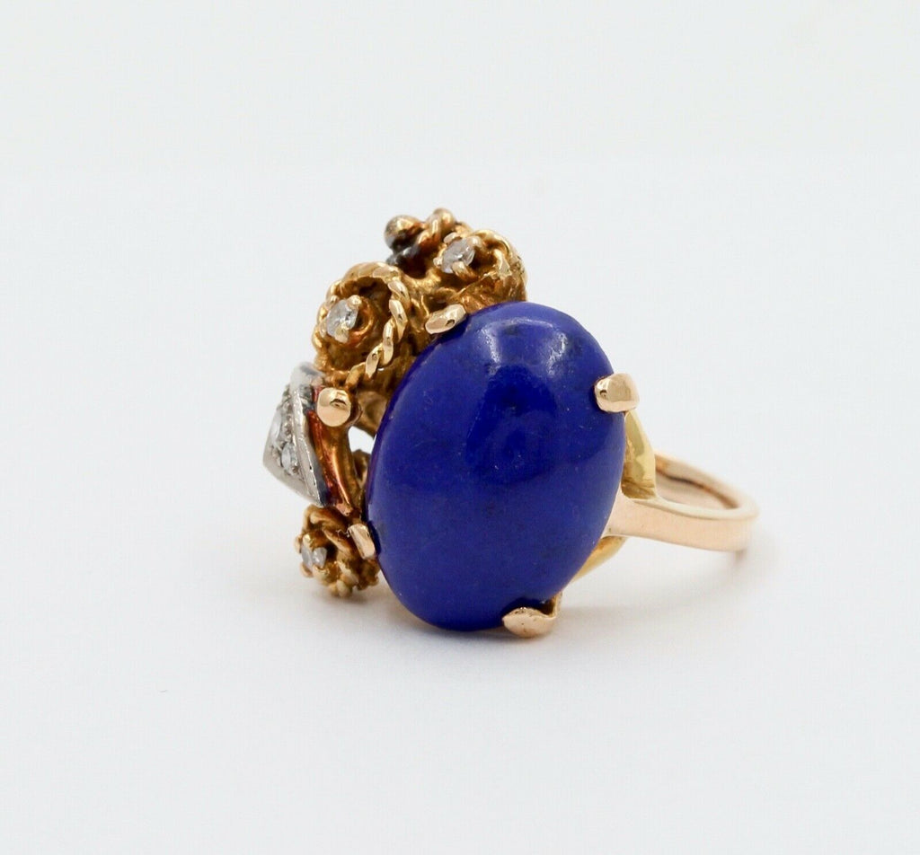 Vintage 14K Yellow Gold Lapis Lazuli & Diamond Artistic Ring