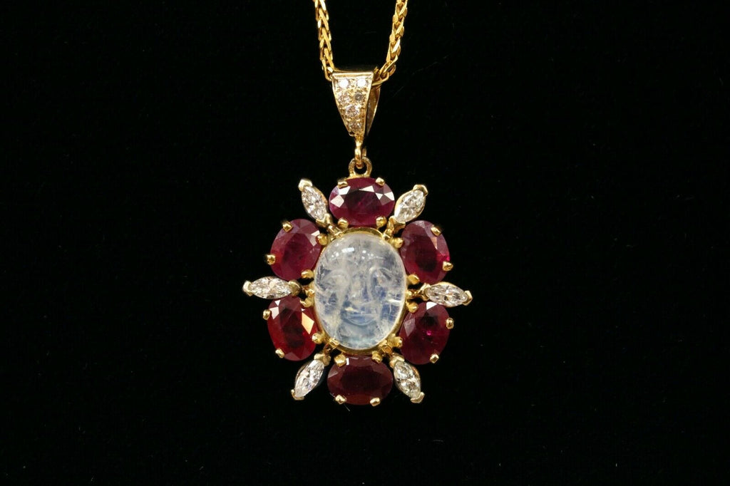 Vintage Man on the Moon Moonstone Rubies Diamonds Gold Over Silver Pendant