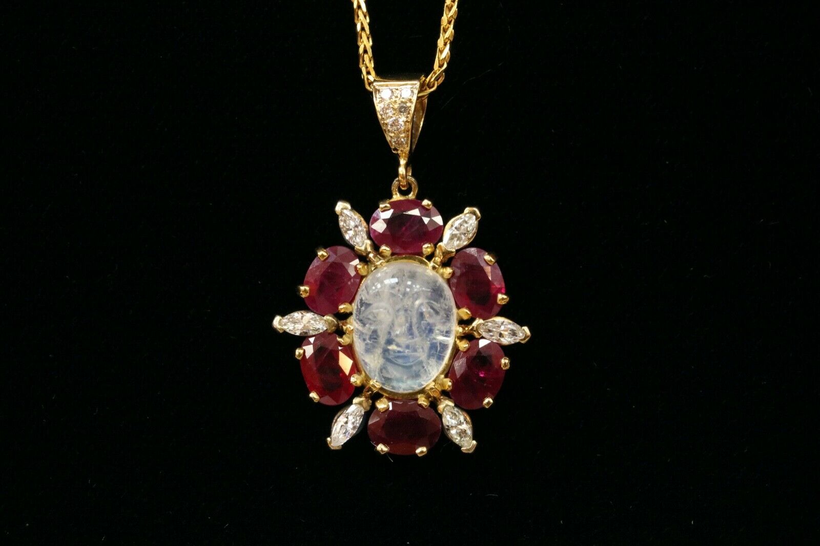 Vintage Man on the Moon Moonstone Rubies Diamonds Gold Over Silver Pendant