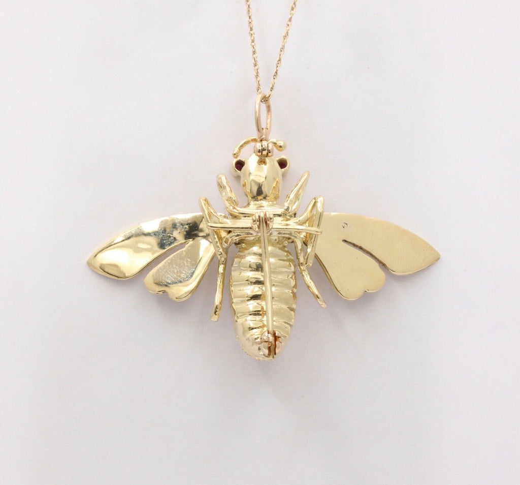 Vintage Movable Honey Bee Sapphires Rubies Enamel 14K Yellow Gold Brooch Pendant