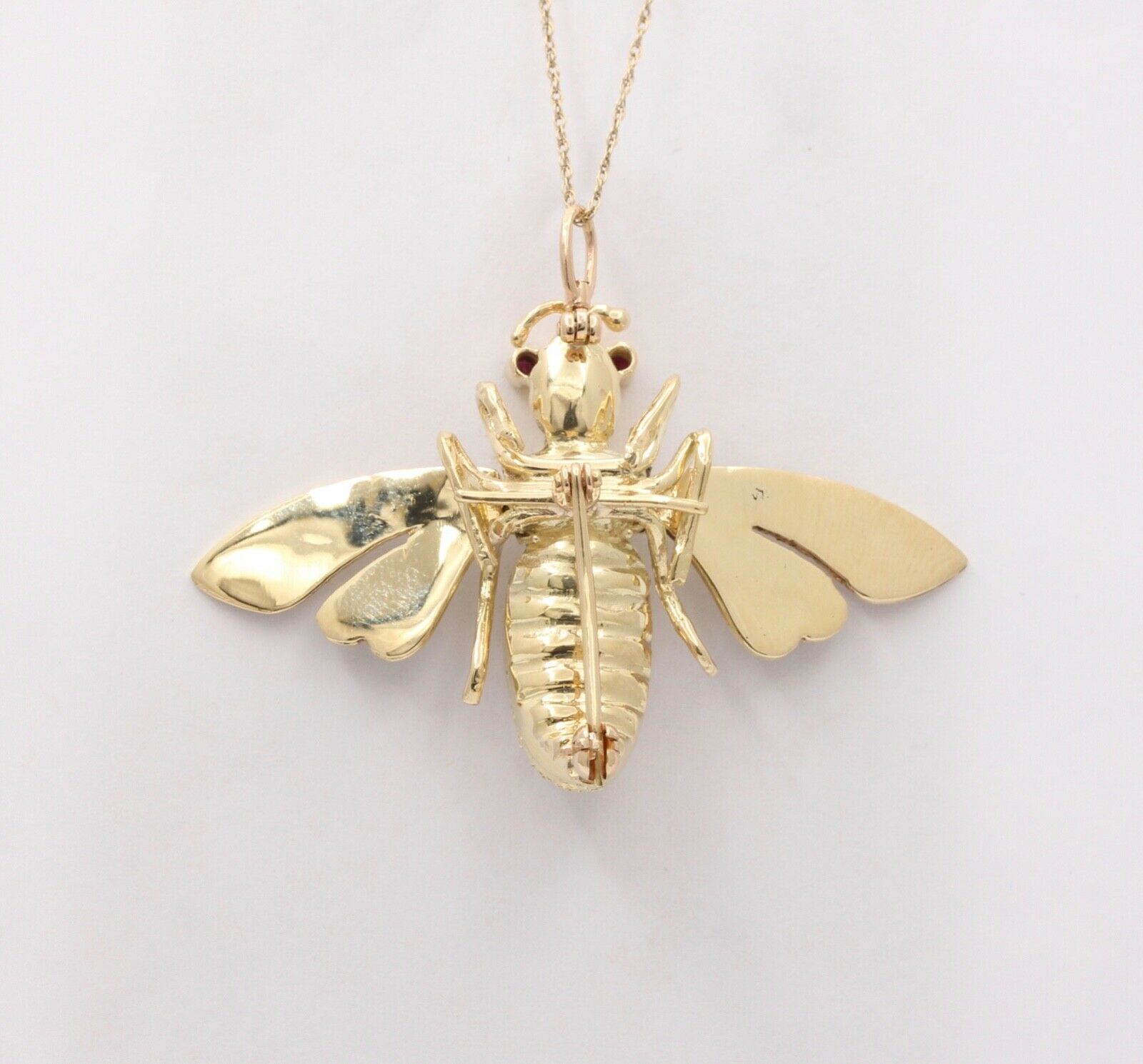 Vintage Movable Honey Bee Sapphires Rubies Enamel 14K Yellow Gold Brooch Pendant