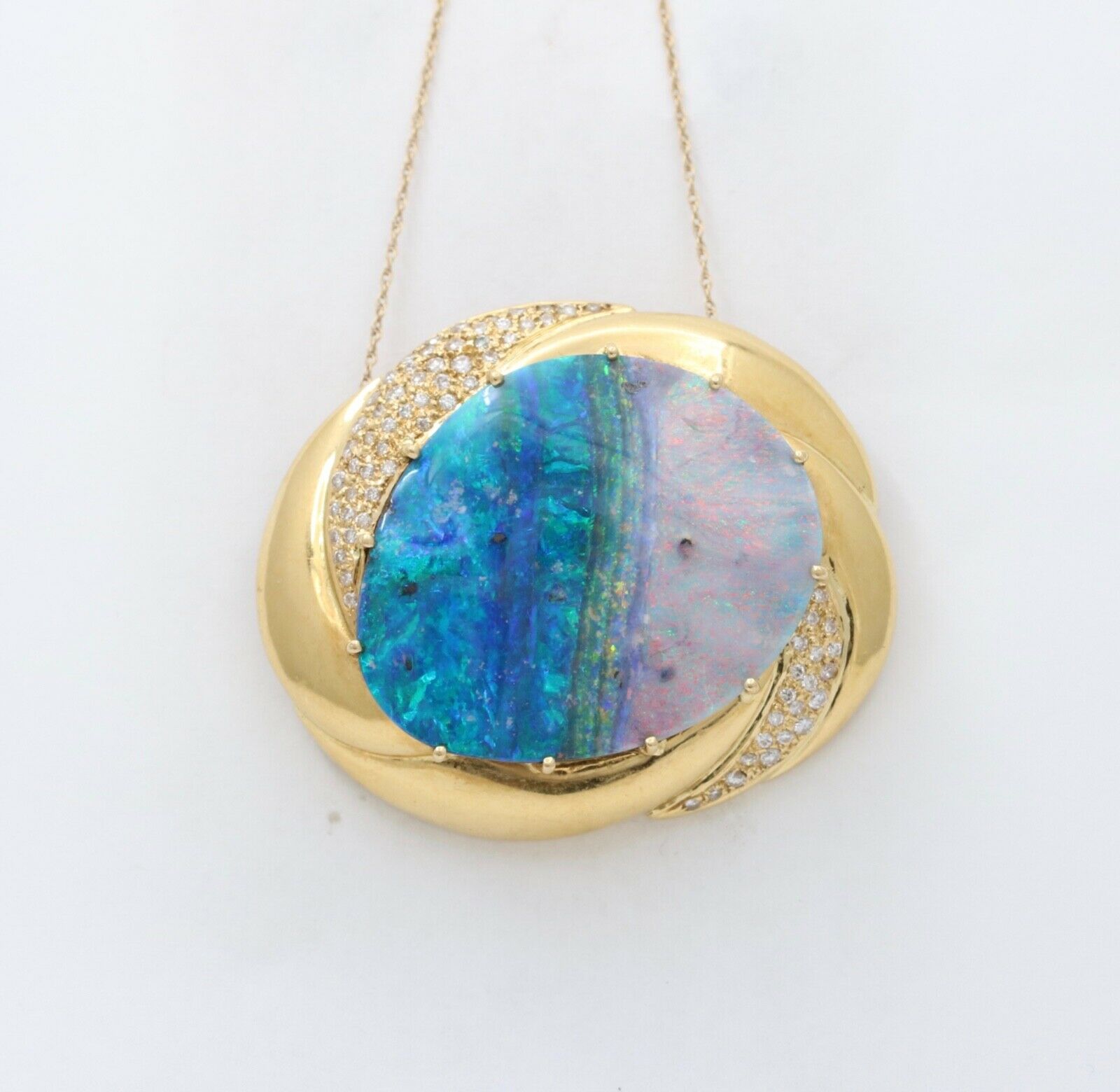 Ocean and Sky Boulder Opal Diamonds 18K Yellow Gold Pendant