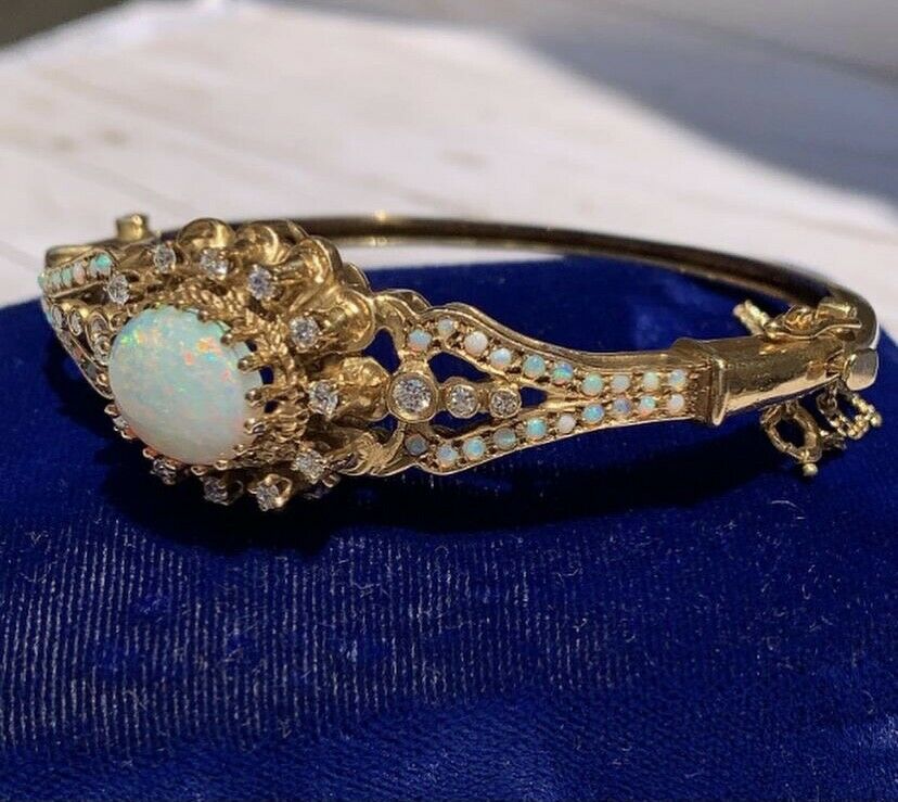 Vintage 14K Yellow Gold Victorian Style Opal and Diamond Bangle, Bracelet.