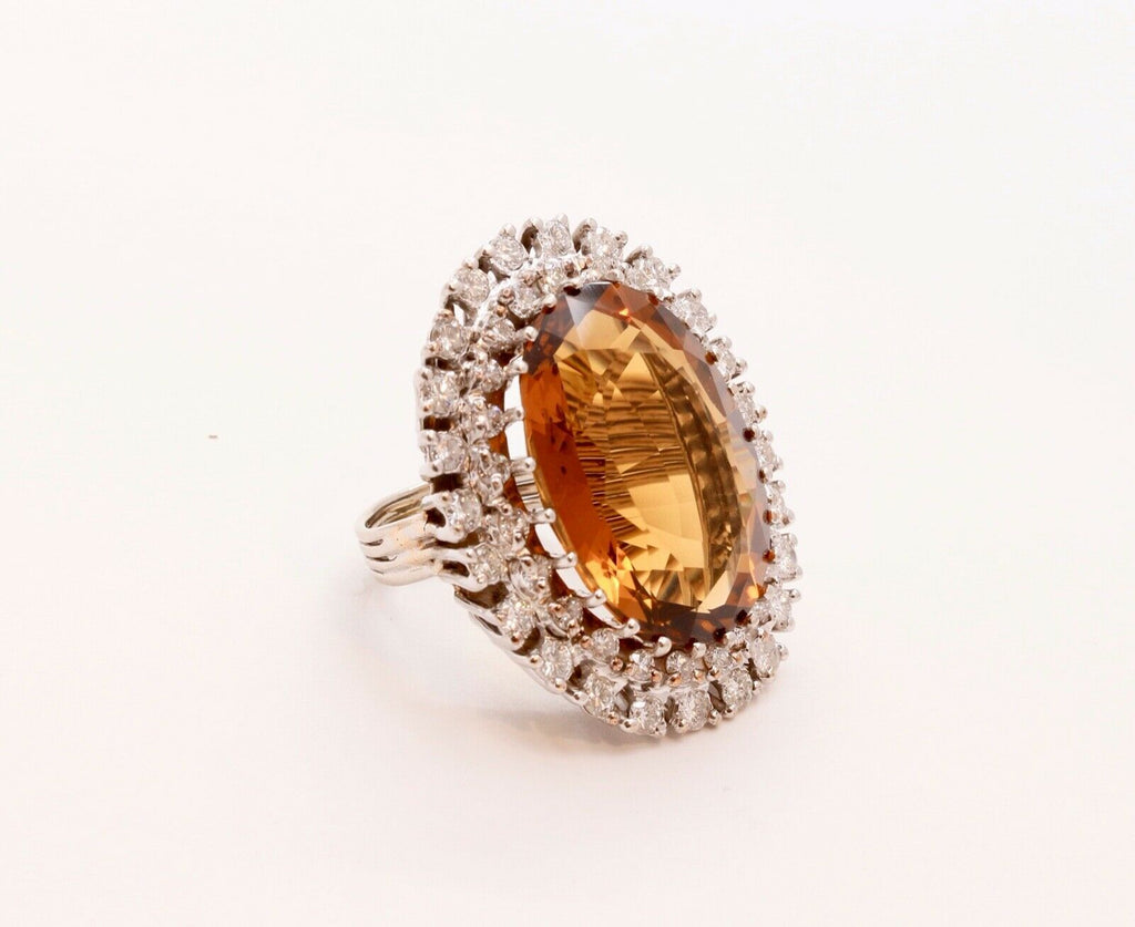 Vintage Statement Ring with Citrine Diamonds 14K White Gold