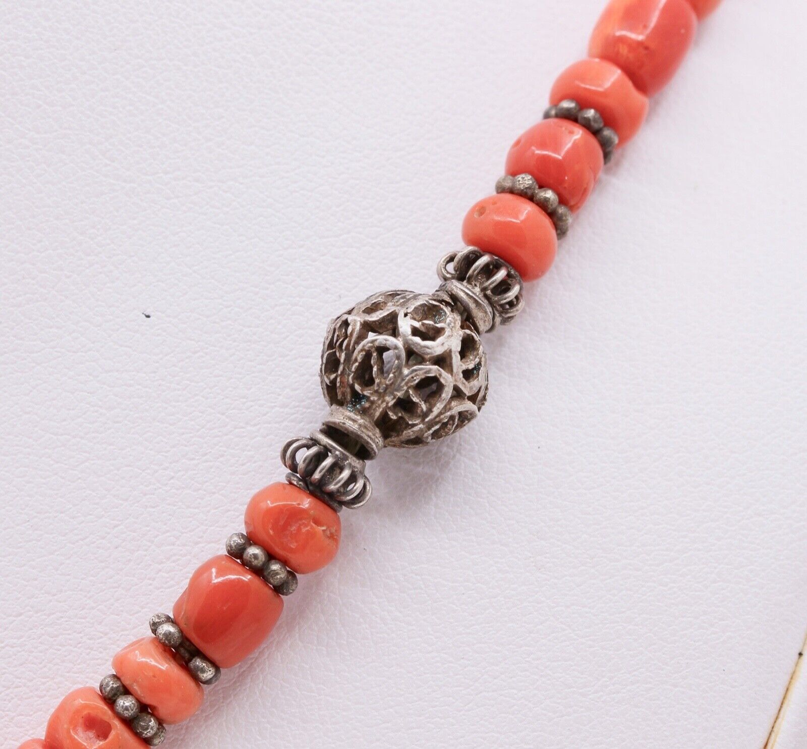 Antique European Coral Enamel 800 Silver Necklace