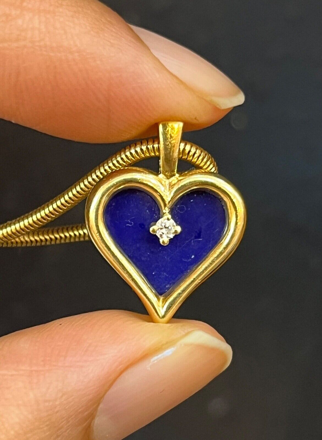 Vintage 14K Yellow Gold Lapis Lazuli Heart Diamond Pendant, Charm