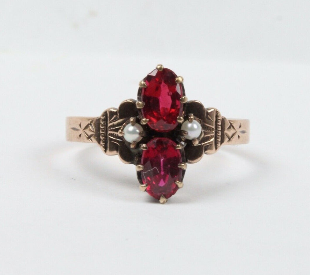 Rare Beautiful Victorian Ruby Seed Pearl 9K Rose Gold Ring