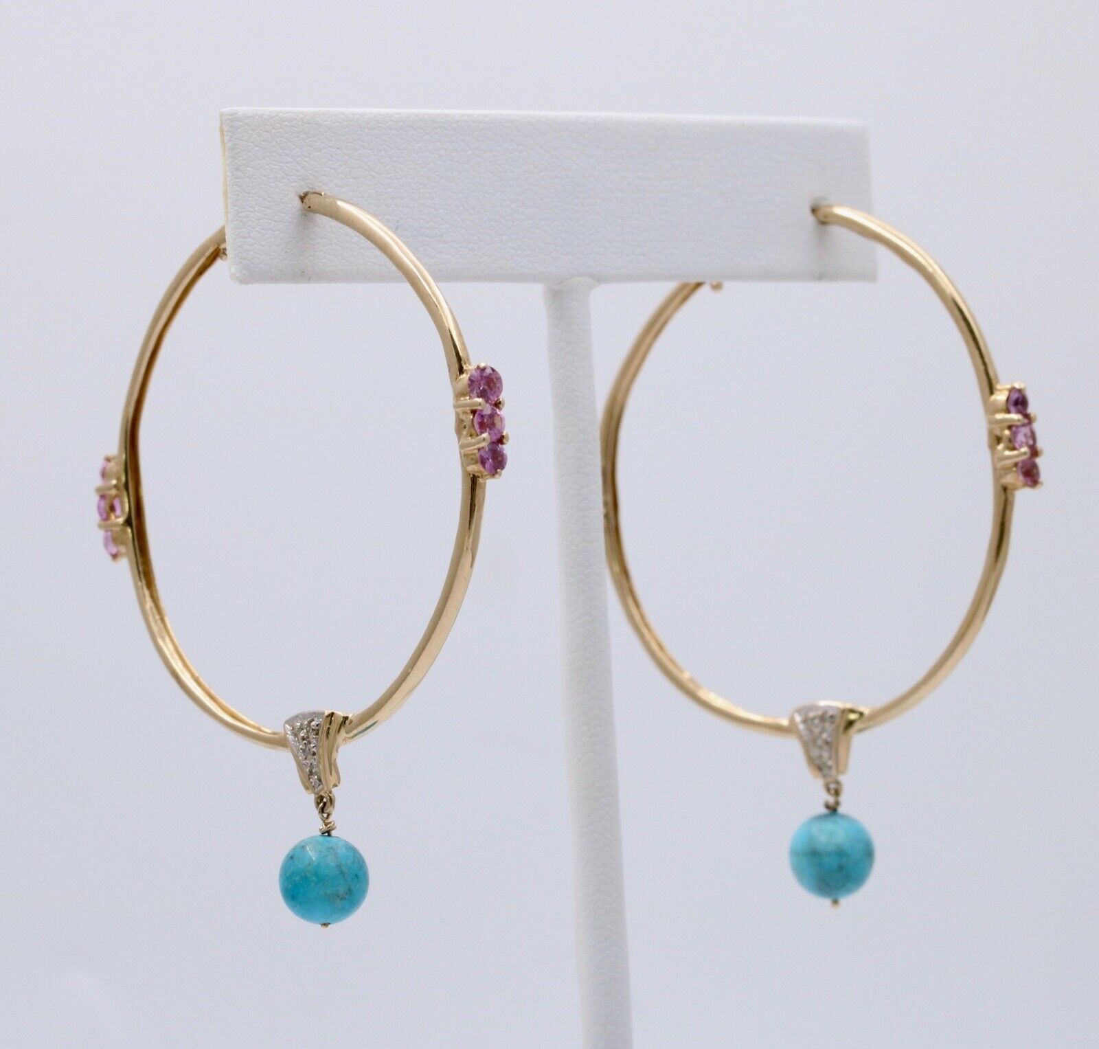 Light Weight 10K Gold Turquoise & pink Topaz , Diamond Large Hoop Earrings