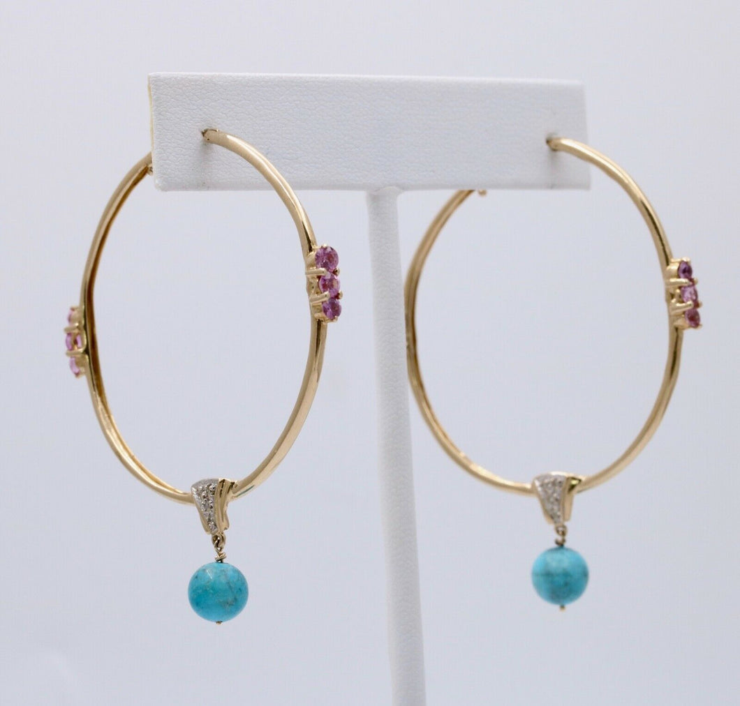 Light Weight 10K Gold Turquoise & pink Topaz , Diamond Large Hoop Earrings